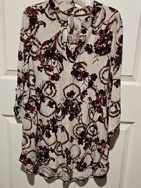 Honeyme Ivory Tunic with Burgundy Floral Design